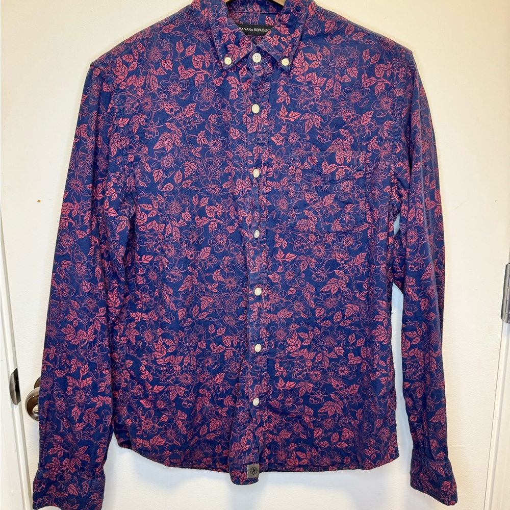 Men's Cotton Button-Down Shirt in Navy with Pink Floral Print By Banana Republic